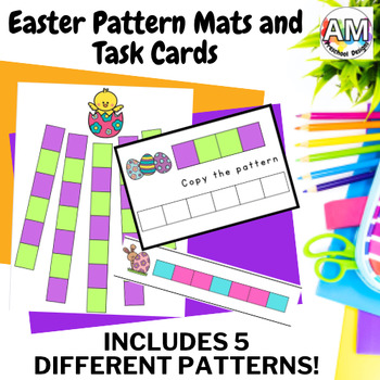 Preview of Easter Bunny Rabbit Repeating Patterns Task Cards and Play Mats - AB, AAB, ABB +