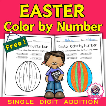 Preview of Easter Color by Number Single Digit Addition | Fact Fluency | Printables | Free