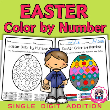 Preview of Easter Color by Number Single Digit Addition  | Fact Fluency | Printables Math