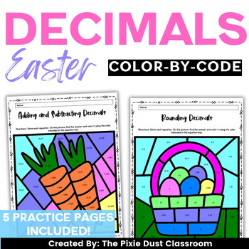 Preview of Easter Math Worksheets Decimal Activity 5th Grade Spring Color-by-Number Center