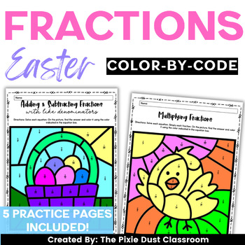 Preview of Easter Math Worksheets Spring Coloring  5th Grade Fractions Math Color-by-Number