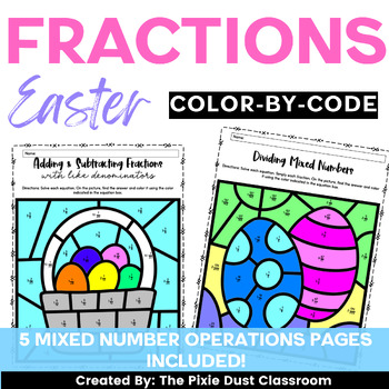 Preview of Easter Math Worksheets Fractions Spring Math Coloring Sheets Color by Number 5th