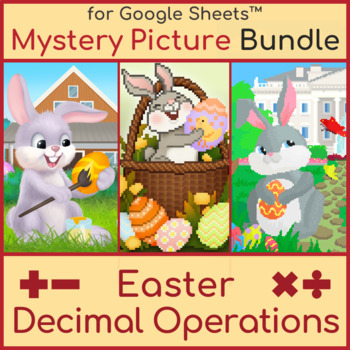 Preview of Easter Decimal Operations Mystery Picture Pixel Art Bundle