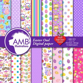 Preview of Easter Digital Papers, Owls Digital Backgrounds {Best Teacher Tools} AMB-1819