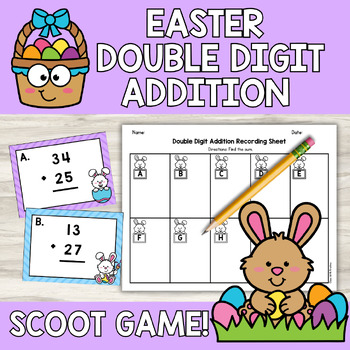 Preview of Easter Double Digit Addition Scoot Game Task Cards | 2nd Grade Math Egg Hunt