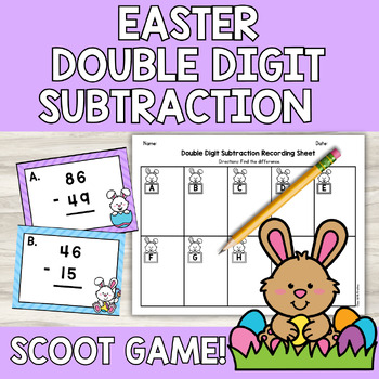 Preview of Easter Double Digit Subtraction Scoot Game Task Cards | 2nd Grade Egg Hunt