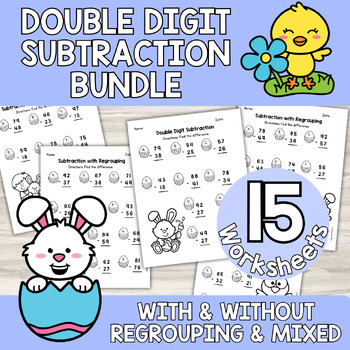 Preview of Easter Double Digit Subtraction Worksheet Bundle (With & Without Regrouping Mix)