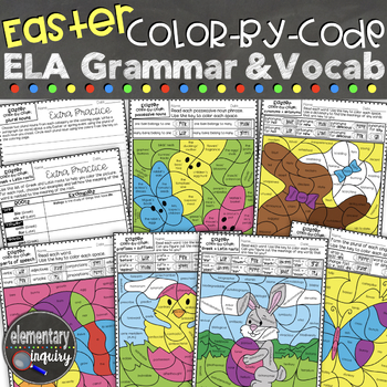 Preview of Spring Grammar and Vocabulary Color by Code ELA Easter Activity Worksheets