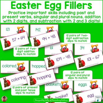 Preview of Easter Egg Fillers: Addition, Subtraction, Past & Present Verbs, & Plural Nouns