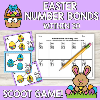 Preview of Easter Egg Hunt Spring Number Bonds Within 20 Scoot Game | Math Center Activity