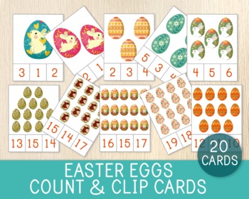 Preview of Easter Eggs Count and Clip Cards, Numbers 1-20, Easter Activity, Math Game