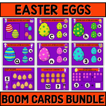 Preview of Easter Eggs Literacy And Counting Boom Cards For Young Learners Bundle