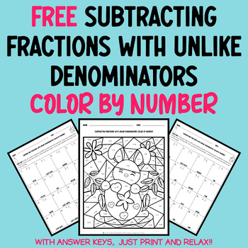 Preview of Free Easter Fractions: Subtracting Fractions With Unlike Denominators Coloring