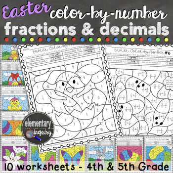 Preview of Spring Fractions and Decimals Easter Math Activity Color by Number Worksheets