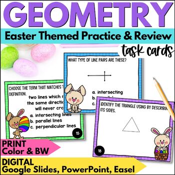 Preview of Easter Geometry Review Task Cards - Spring Lines, Triangles, & Quadrilaterals