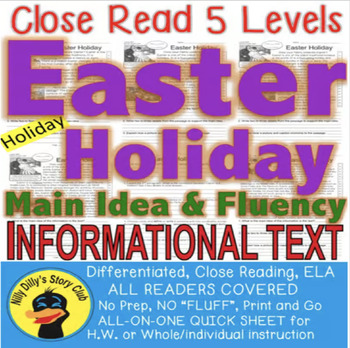 Preview of Easter Holiday FunFACTS Close Read Leveled Differentiated Main Idea TDQs Fluency
