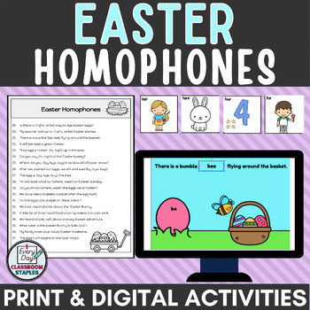 Preview of Easter Homophones ELA Activities Print and Digital + Homophone Matching Cards