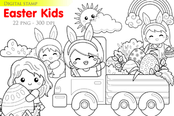 Preview of Easter Kids Egg Truck Holiday Bunny Costume - Black White Outline -Digital Stamp