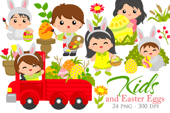 Preview of Easter Kids Party Rabbit Egg Truck - Cute Cartoon Vector Clipart Illustration