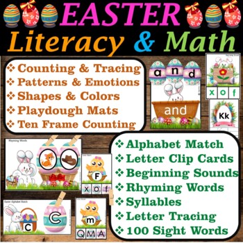 Preview of Easter Literacy & Math Centers Task Cards, Easter Activities Bundle