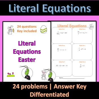 Preview of Easter Literal Equations Solving Worksheet | Algebra 1