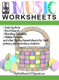 Easter MUSIC sheet: hidden picture, word search, color by 