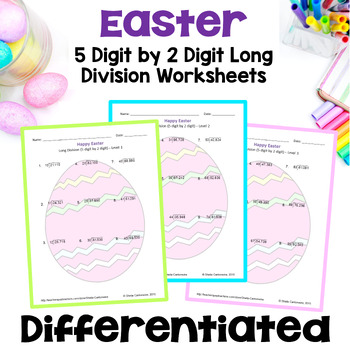 Preview of Easter Math 5 Digit by 2 Digit Long Division Worksheets - Differentiated