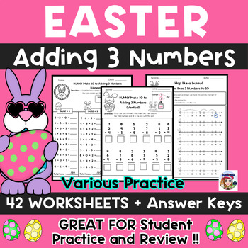 Preview of Easter Math | Adding 3 Numbers  1st Grade Worksheets | Adding 3 Addends