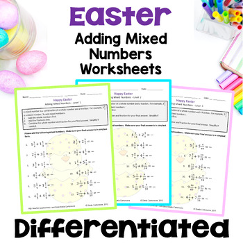 Preview of Easter Math Adding Mixed Numbers Worksheets - Differentiated