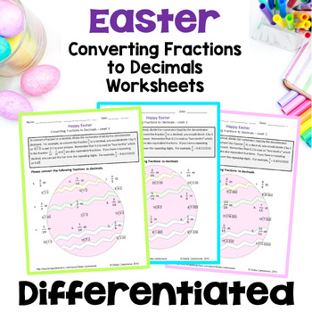 Preview of Easter Math Converting Fractions to Decimals Worksheets - Differentiated