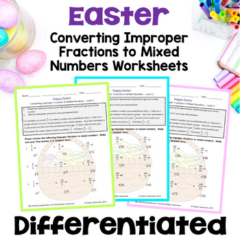 Preview of Easter Math Converting Improper Fractions to Mixed Numbers Worksheets