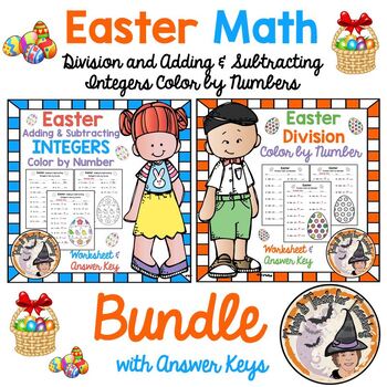 Preview of Easter Math Division and Adding Subtracting Integers Color by Number w/Keys