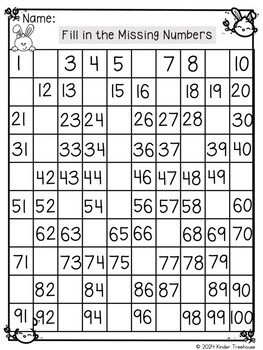 Easter Math Kindergarten 100s Chart and Missing Numbers to 100 Free