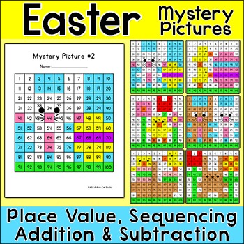 Preview of Easter Mystery Pictures Math Worksheets - Fun April Morning Work