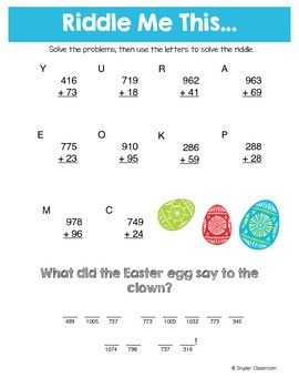 Easter Addition Math Riddles by Snyder Classroom | TpT