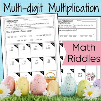 Preview of Easter Math Riddles Multi-Digit Multiplication Worksheets 4th Grade Math Review