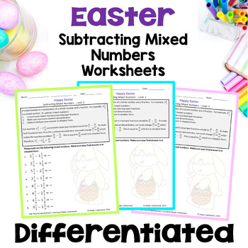 Preview of Easter Math Subtracting Mixed Numbers Worksheets - Differentiated