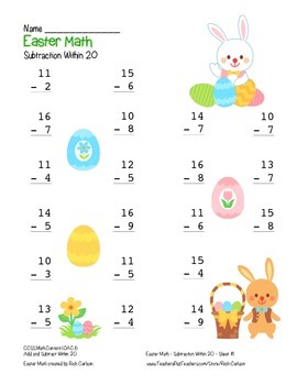 “easter Math” Subtraction Within 20 (color & Black Line) 