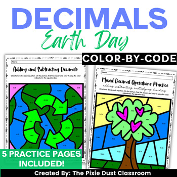 Preview of Spring Coloring Sheets Earth Day Math Color-by-Number 5th Grade Decimal Review