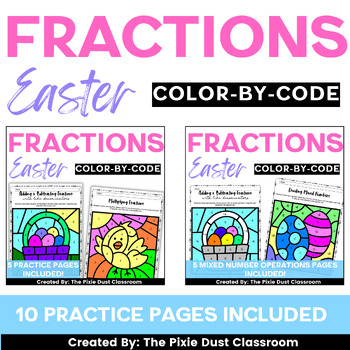 Preview of Easter Math Worksheets Spring Coloring Sheets Fifth Grade Fractions BUNDLE