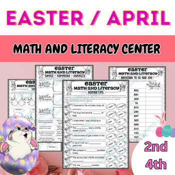 Preview of Easter Math and Literacy Center Activities 3rd -4th | April No Prep Worksheets