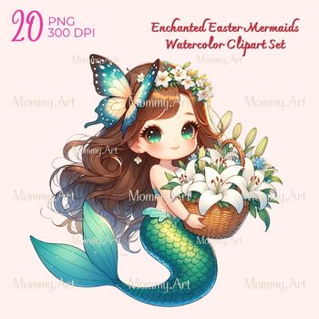 Preview of Easter Mermaids Watercolor Clipart Set