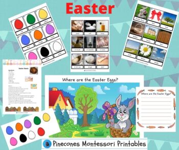 Preview of Easter Montessori Pack, 3 part cards, colours, prepositions, recipe