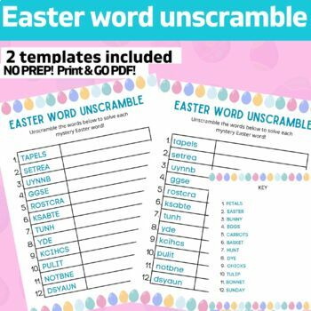 Preview of Easter OT themed word unscramble worksheets: upper & lowercase versions + key
