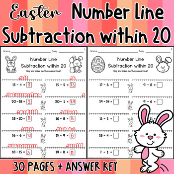 Preview of Easter Subtraction Using a Number Line to 20 | Spring Math Practice Worksheets