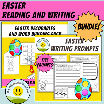 Preview of Easter Reading & Writing Bundle: Prompts, Phonics Decodables, Cut & Paste