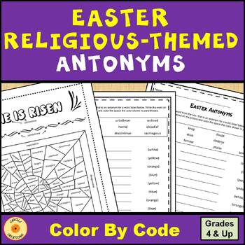 Preview of Easter Religious Themed Color By Code Antonyms Worksheet