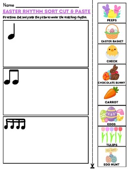 Preview of Easter Rhythm Sort Cut & Paste Worksheet with EASEL DRAG & DROP ACTIVITY!