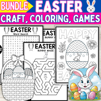 Preview of Easter Spring Activities Bundle: coloring pages, basket craft, maze, word search