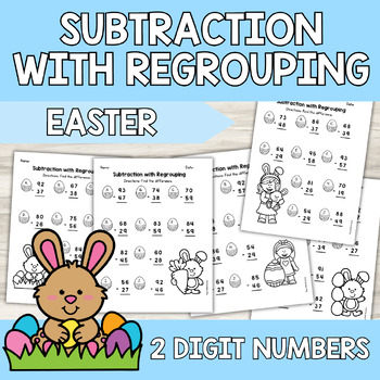 Preview of Easter Spring Double Digit Subtraction with Regrouping (2 Digit Numbers)